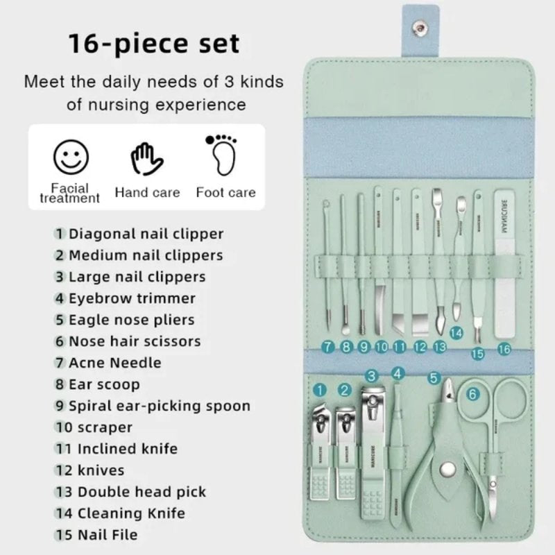 16 Pcs Stainless Steel Manicure & Pedicure Set | Travel Grooming Kit with Leather Case - SwiftLogic Store