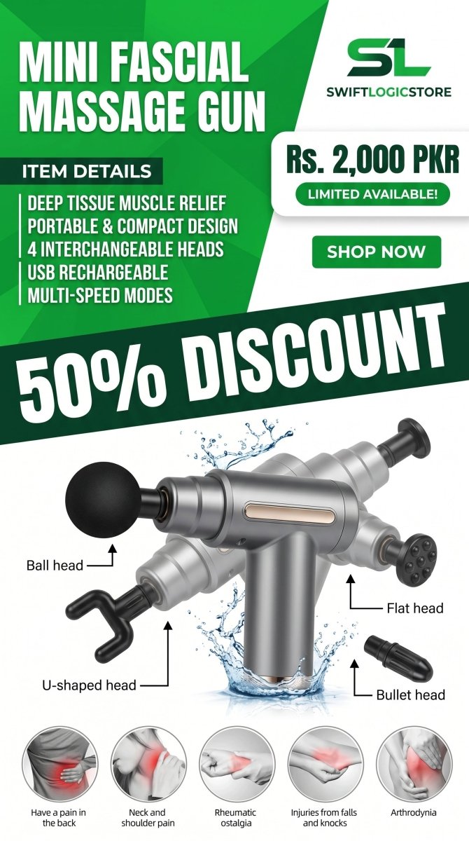 Deep Tissue Muscle Massage Gun | Fascia Relaxation Massage Gun with 6 Speed Levels & 4 Massage Heads | Random Color - SwiftLogic Store
