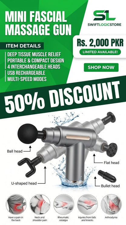 Deep Tissue Muscle Massage Gun | Fascia Relaxation Massage Gun with 6 Speed Levels & 4 Massage Heads | Random Color - SwiftLogic Store