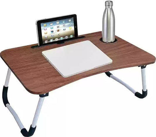 Laptop Table | Brown Color | Foldable Legs, Tablet Groove & Cup Slot | Perfect for Working, Reading, Writing, and Eating - SwiftLogic Store