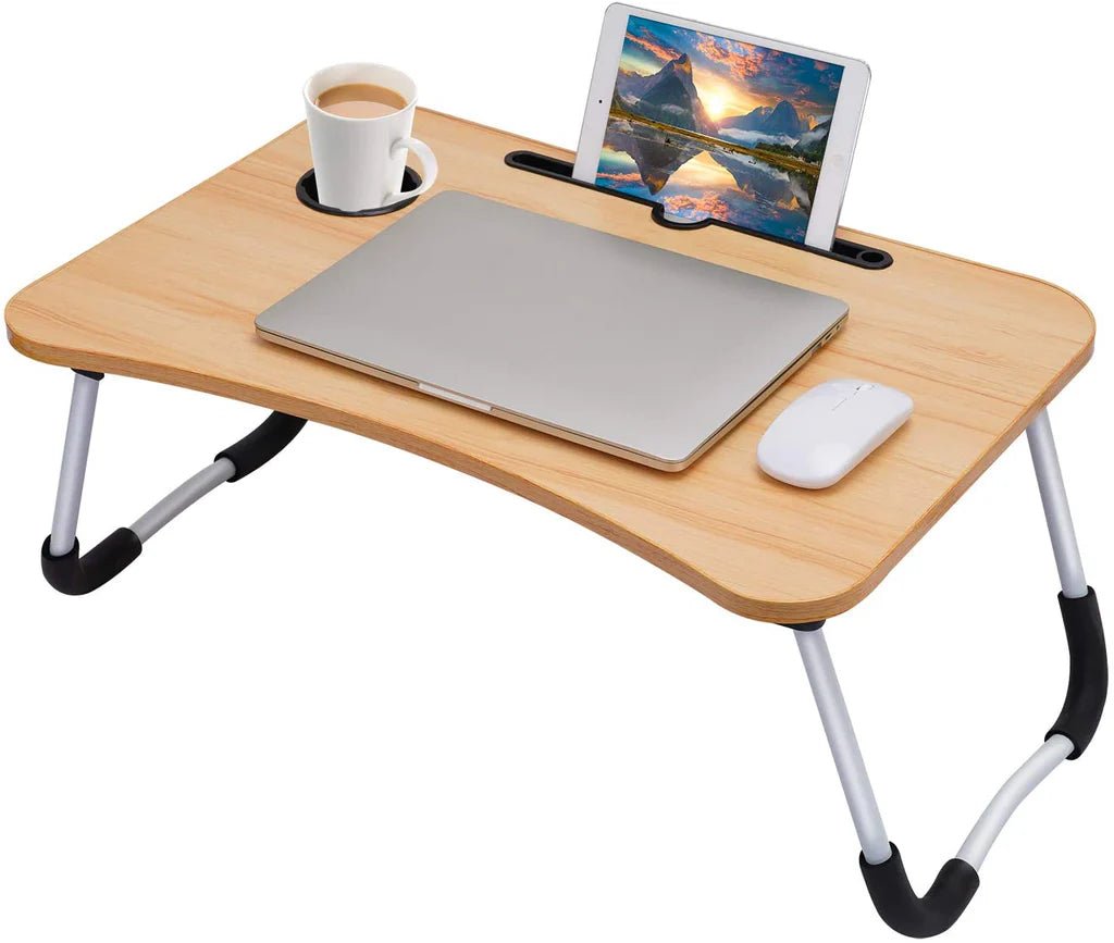 Laptop Table Foldable with Tablet Groove & Cup Slot | Beige Color | Multi-Purpose Desk for Work, Study, and Meals - SwiftLogic Store