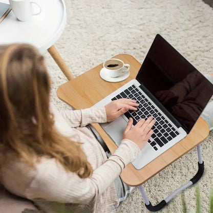 Laptop Table Foldable with Tablet Groove & Cup Slot | Beige Color | Multi-Purpose Desk for Work, Study, and Meals - SwiftLogic Store
