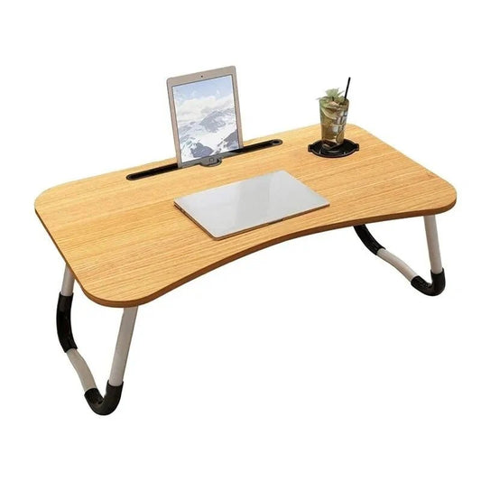 Laptop Table Foldable with Tablet Groove & Cup Slot | Beige Color | Multi-Purpose Desk for Work, Study, and Meals - SwiftLogic Store