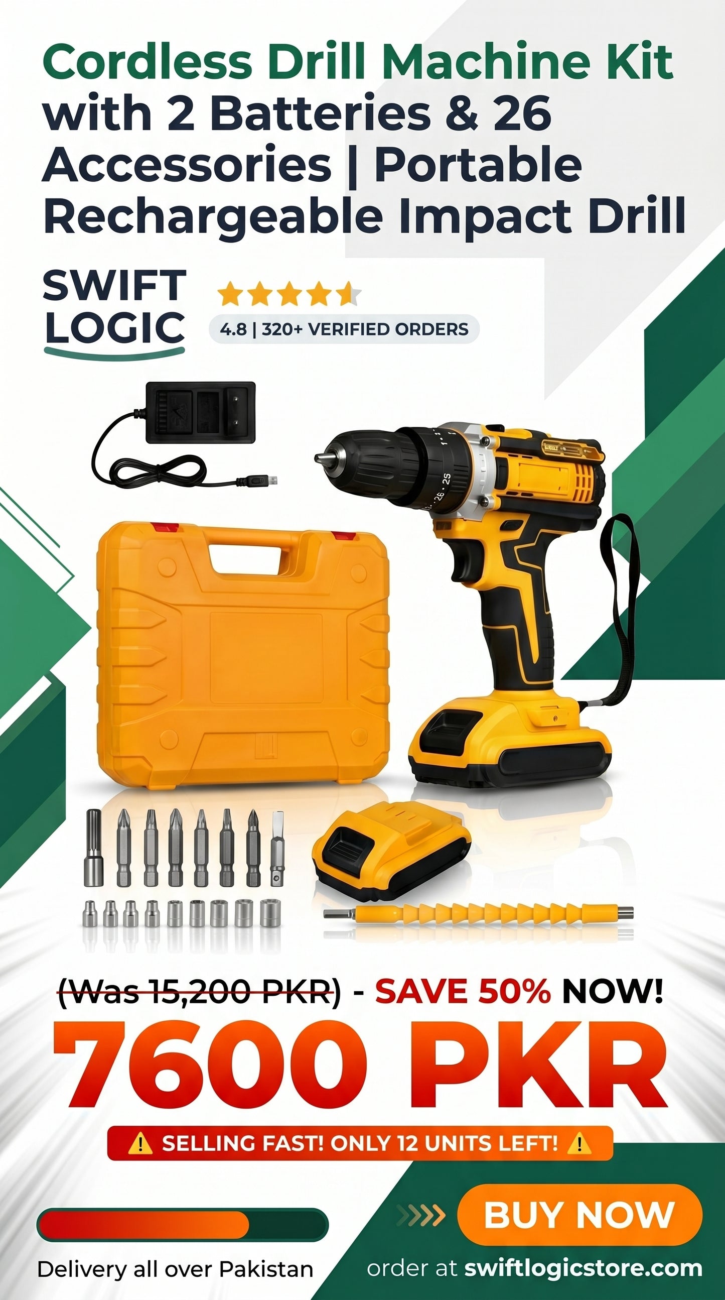 Cordless Drill Machine Kit with 2 Batteries & 26 Accessories | Portable Rechargeable Impact Drill Set
