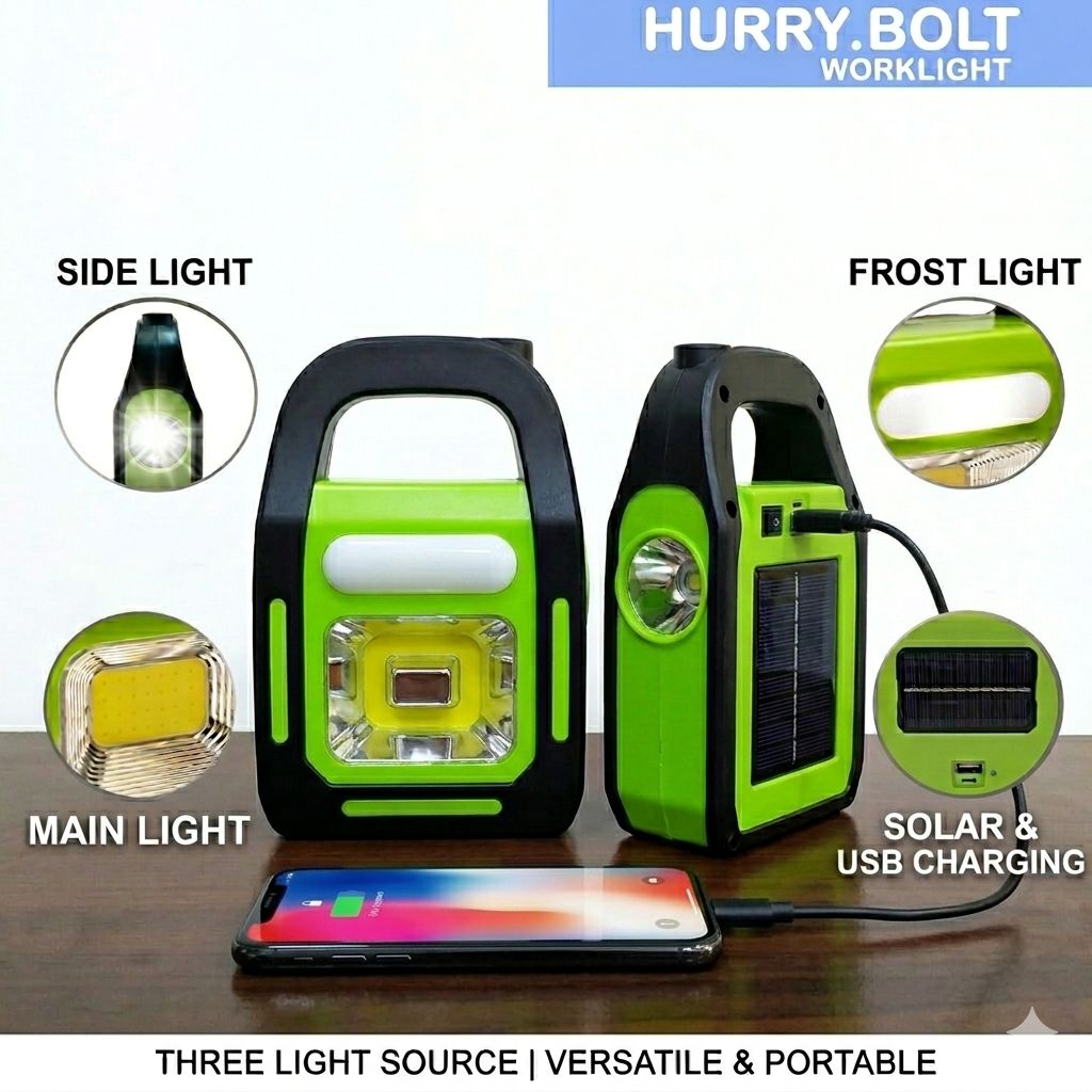 Solar Rechargeable 3-in-1 Emergency Light - Hurry Bolt Portable LED Work Light, Torch & Power Bank - SwiftLogic Store
