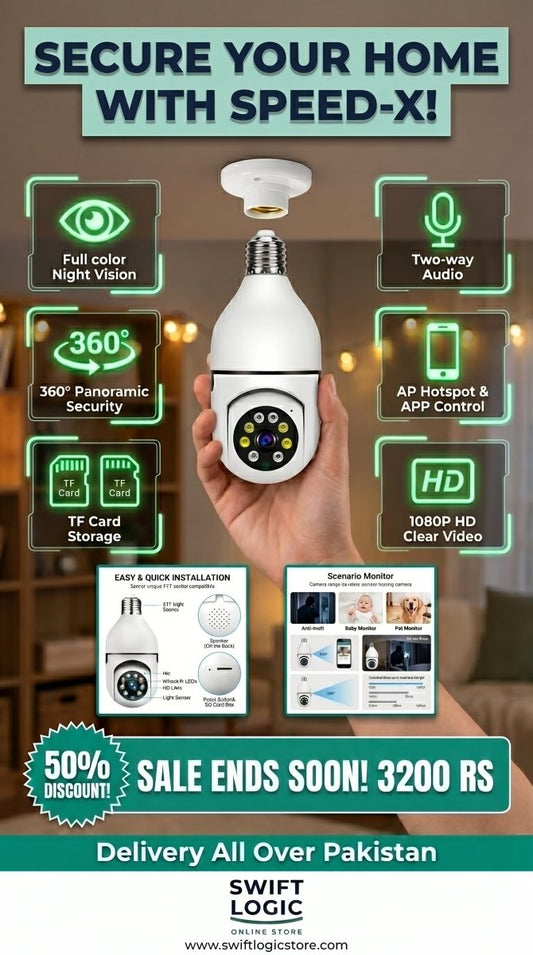 Speed-X Bulb Camera 1080P WiFi 360° Panoramic Security Camera | Night Vision & Two-Way Audio - SwiftLogic Store