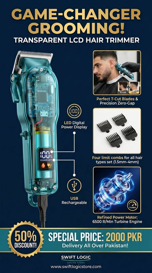 Transparent LCD Electric Hair Trimmer | USB Rechargeable | Professional Grooming - SwiftLogic Store