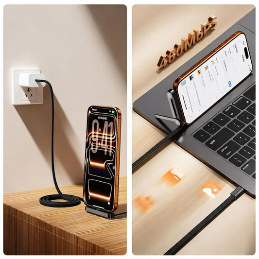 USB-C Fast Charging Cable with Foldable Phone Stand | 2-in-1 Braided Data Cable for iPhone, Samsung & Type-C Devices | 240W - SwiftLogic Store